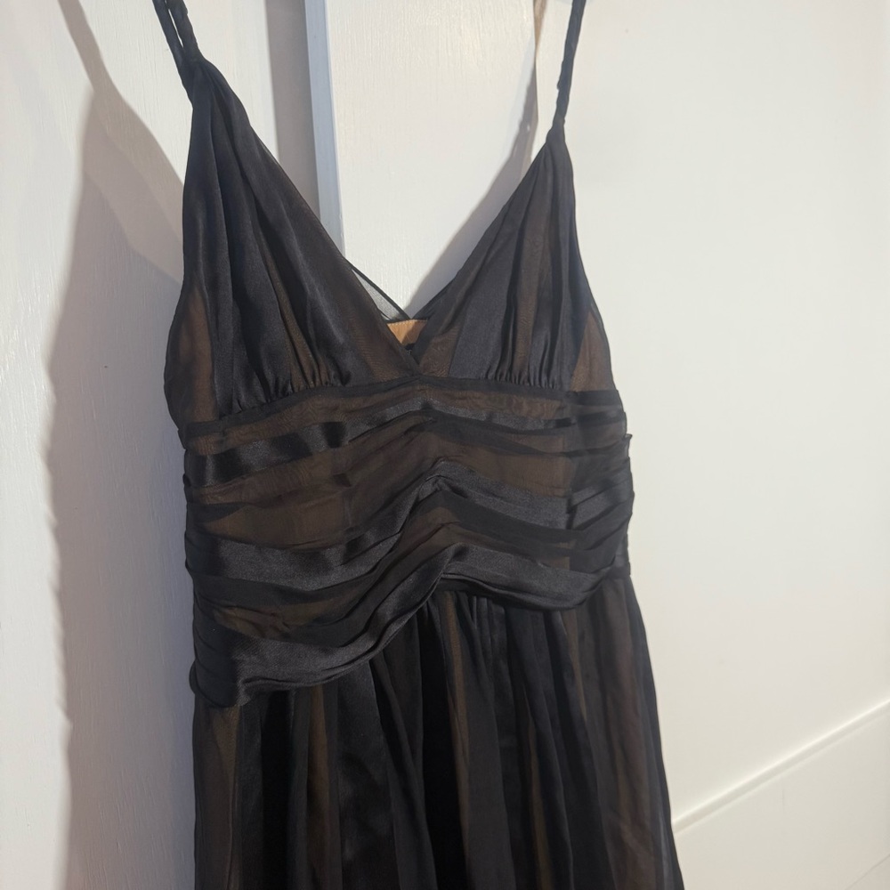 Tufi Duek Vintage 100% Silk Black & Mesh Ruched Bust Midi Dress Size 4-6 - Picture 9 of 10